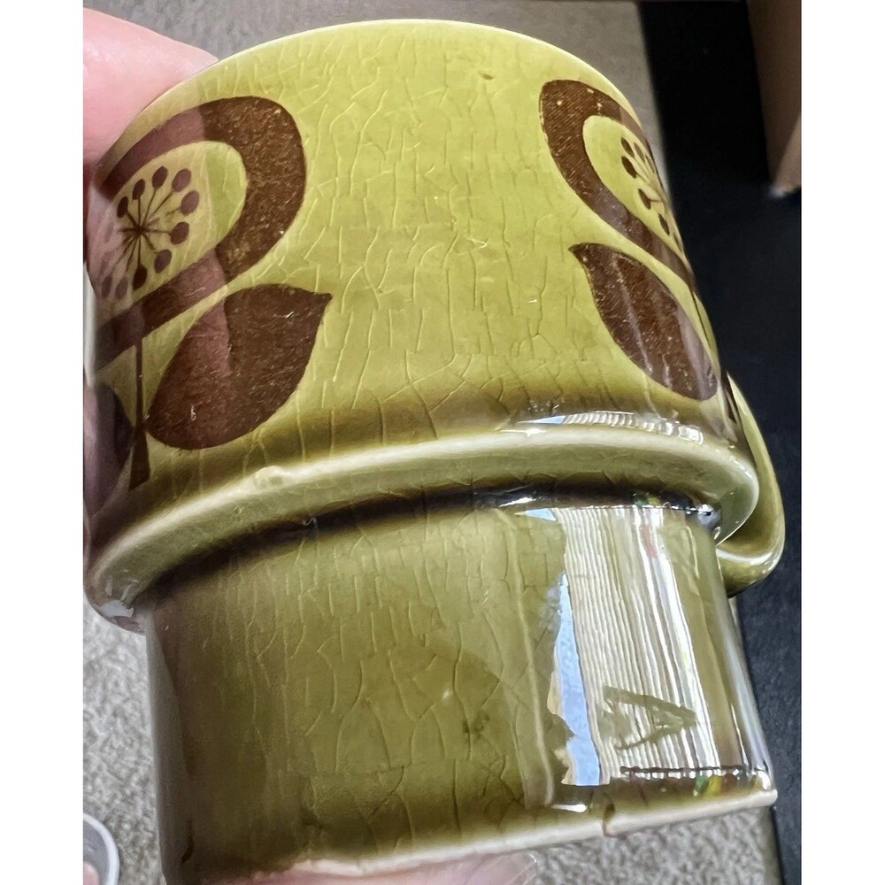 Vtg Retro Stackable Avocado Green Floral Ceramic Mugs Lot of 6 Japan READ - Picture 6 of 9